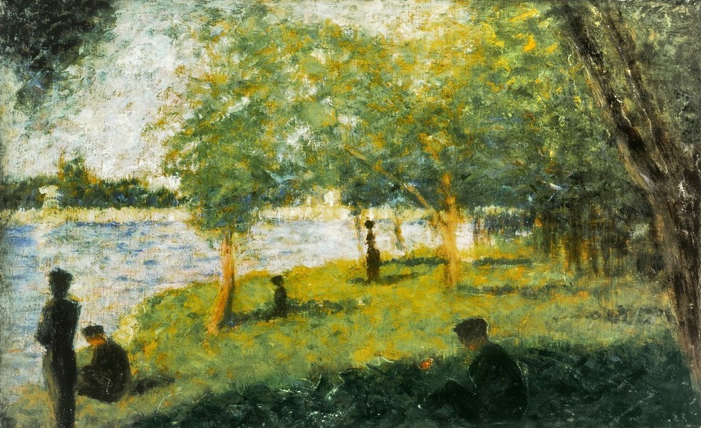 Georges Seurat, Studie zu  Ein Sonntagnachmittag auf der Insel La Grande Jatte (Ausflug,Kunst,Landschaft,Freizeit,Nachmittag,Sonntag,Impressionismus,Fluss,Pointillismus,Studie,Französische Kunst,Ufer,Liegewiese)