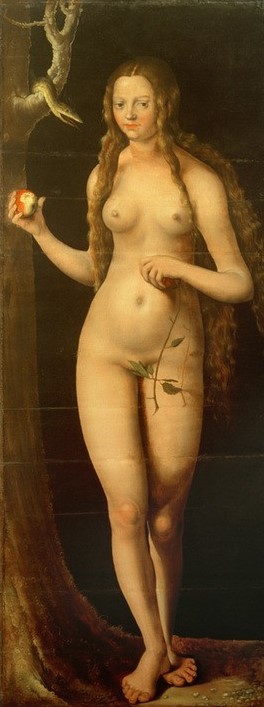 Lucas Cranach der Ältere, Eva (Apfel,Christentum,Deutsche Kunst,Frau,Früchte,Kunst,Obst,Religion,Schlange,Renaissance,Altes Testament,Akt,Sündenfall,Bibel,Portrait,Baum,Teufel,Paradies,Versuchung,Donauschule,Baum Der Erkenntnis,Nacktheit,Genesis,Tier,Langes Haar,Blick Aus Dem Bild,Ganz)