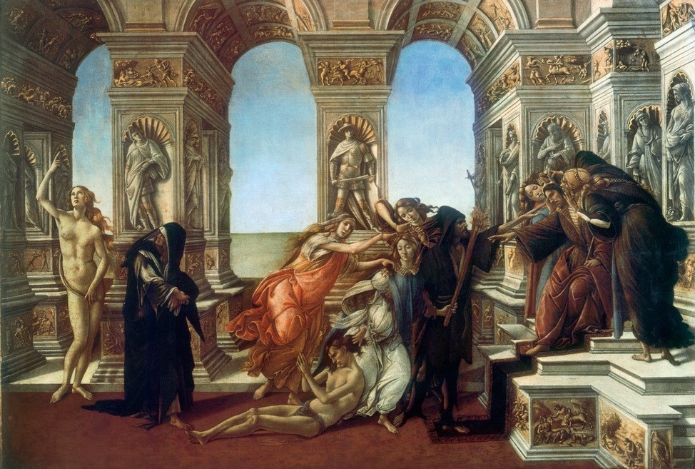 Sandro Botticelli, Die Verleumdung des Apelles (Gericht (Justiz),Richter (Recht),König,Recht,Unschuld,Renaissance,Allegorie,Leidenschaft,Misstrauen,Fackel,Italienische Kunst,Reue,Wahrheit,Neid,Verleumdung,Einflüsterung,Täuschung,Eselsohr,Arglist,Torheit,Unwissenheit)