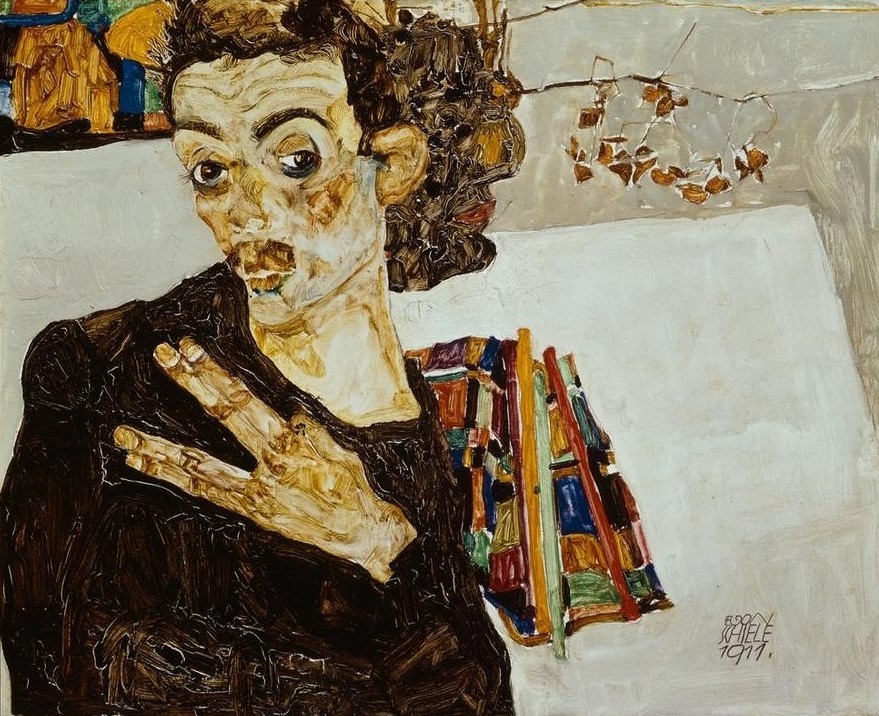 Egon Schiele, Selbstbildnis mit schwarzer Vase (Künstler,Kunst,Maler (Künstler),Mann,Zeichner,Selbstbildnis,Hand,Portrait,Expressionismus,Österreichische Kunst,Person,Finger)