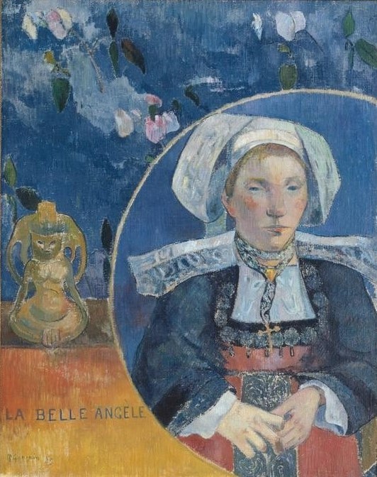 Paul Gauguin, La belle Angèle (Frau,Kopfbedeckung,Mensch,Tracht,Volkskunde,Portrait,Haube,Französische Kunst,Kleidung (Allgemein),Junge Frau,Halbfigur,Schule Von Pont-Aven,Gastwirtin,Land Und Leute)