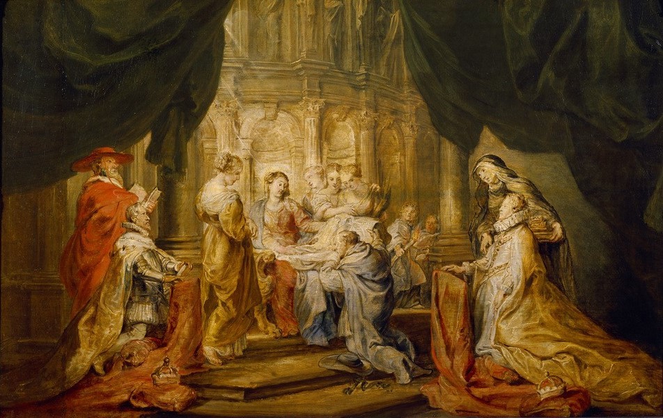 Peter Paul Rubens, Der hl. Ildefonso empfängt das Meßgewand (Christentum,Flämische Kunst,Heilige,Kunst,Religion,Barock,Maria Mit Kind,Legende,Wunder,Heiligenlegende,Geschenk,Niederländische Kunst,Schutzpatron,Erscheinung,Ildefonso-Altar,Marienerscheinung,Heiliger,Messgewand,Schutzpatronin)