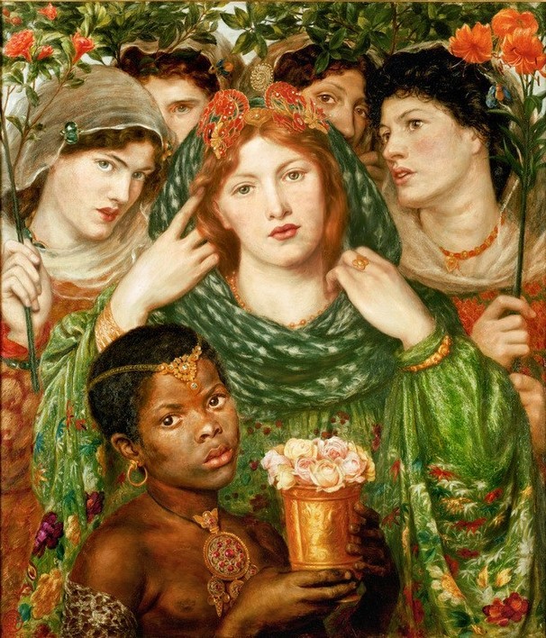 Dante Gabriel Rossetti, The Beloved (The Bride) (Braut,Dienstboten,Frau,Gruppenbild,Hochzeit,Kette (Schmuck),Kind,Liebe,Liebe Und Ehe,Lilie,Mensch,Rose,Schmuck,Schönheit,Ohrring,Portrait,Schwarze,Präraffaeliten,Englische Kunst,Kopfschmuck,Bewunderung,Stirnband,Anhänger (Schmuck),Rote Haare,Mund,Viktoria)