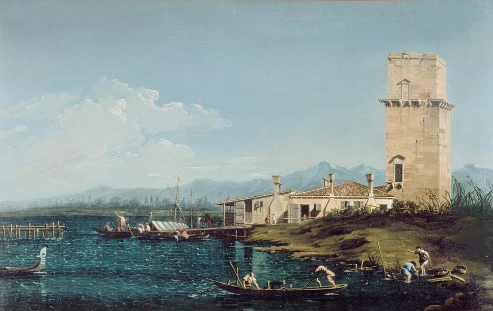 Giovanni Antonio Canaletto, Der Turm von Marghera (Landschaft, Meer, Lagune, Turm, Venedig, Italien, Barock, Vedute, Klassiker, Wunschgröße, Wohnzimmer)