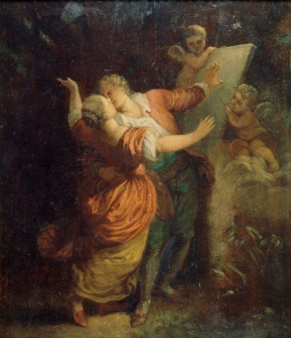 Jean-Honoré Fragonard, Der Liebesschwur (Kunst, Liebe, Schwur, Liebespaar, Kuss, Leidenschaft, Amorette, Treppenhaus, Wohnzimmer, Rokoko, Klassiker, Wunschgröße, Malerei, bunt)