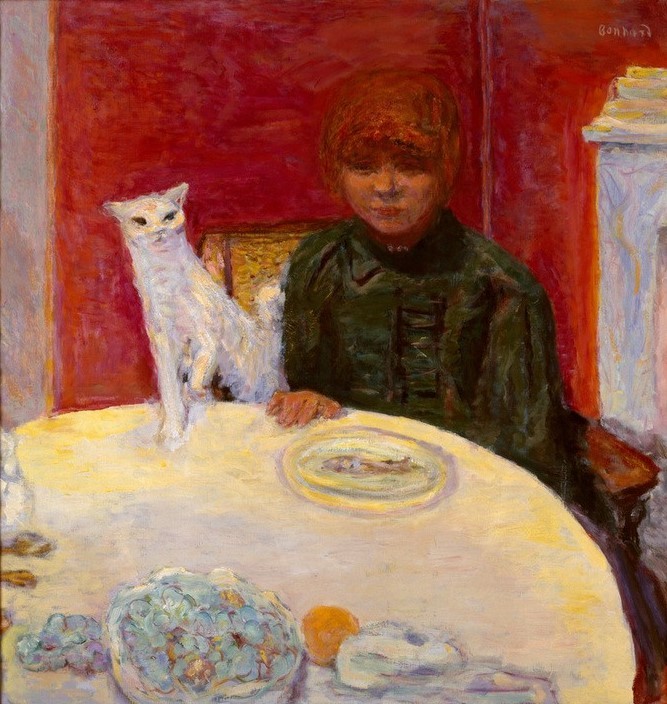 Pierre Bonnard, La Femme au chat ou le chat exigeant (Frau,Katze (Tier),Kunst,Mensch,Nahrungsmittel,Tisch,Fisch,Interieur,Fünf Sinne,Französische Kunst,Sinne,Haustier,Tierleben,Geruch,Frau Und Tier,Frauenleben,Tier,Instinkt,Gedeckter Tisch,Weiss (Farbe),Mensch Und Tier,Postimpressionismus)