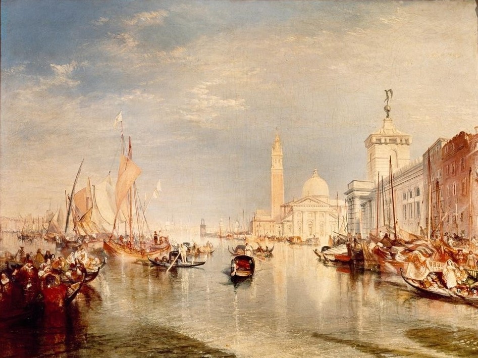 JOSEPH MALLORD WILLIAM TURNER, Dogana und San Giorgio Maggiore (Geographie,Segelschiff,Verkehr,Gondel,Spiegelung,Stadtansicht,Englische Kunst,Licht,Personentransport,Romantik,Topographie,Schifffahrt)