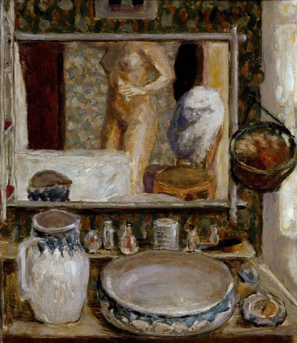 Pierre Bonnard, La table de toilette ou la glace (Körperpflege,Frau,Möbel,Morgentoilette,Optik,Schlafzimmer,Spiegel,Toilette (Körperpflege),Wohnung,Impressionismus,Akt,Waschgeschirr,Spiegelung,Französische Kunst,Nacktheit,Waschkommode,Toilettentisch,Jahrhundertwende,Waschtisch)