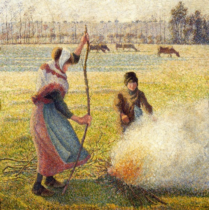 Camille Pissarro, Jeune paysanne faisant du feu, gelée blanche, ou la brûle des champs (Feuer,Frau,Kind,Kunst,Landschaft,Mutter Und Kind,Reisig,Rind,Impressionismus,Bäuerin,Wind,Französische Kunst,Feld,Rauch,Landleben,Hände Wärmen,Landbevölkerung,Kälte,Junge Frau,Raureif,Feldarbeit,Landwirtschaft,Alltag)