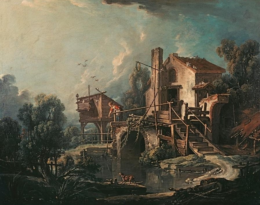 Francois Boucher, Landschaft mit Mühle (Bauernhaus,Gewässer,Landschaft,Mühle,Wasser,Holz,Treppe,Hund,Rokoko,Hausfrau,Bukolik,Französische Kunst,Magd,Taubenschlag,Handlauf,Wasserschöpfen,Geländer)