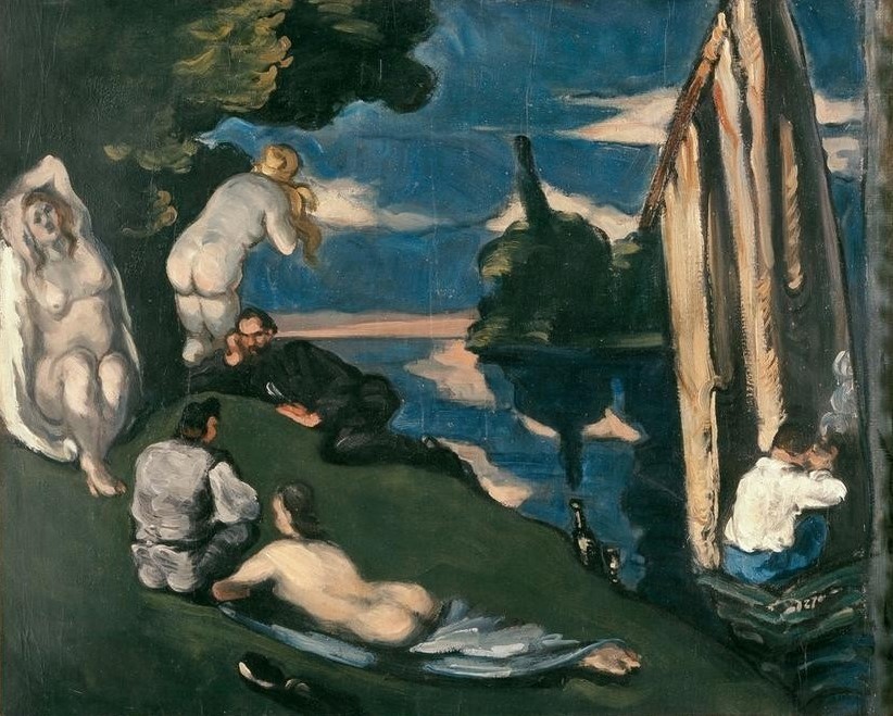 Paul Cézanne, Pastorale (Ausflug,Körperpflege,Bad Im Freien,Bad,Frau,Gruppenbild,Landschaft,Mädchen,Mann,Picknick,Rast,Freizeit,Schiff,Schwimmen,Sport,Wasser,Wein,Impressionismus,Segelboot,See,Akt,Portrait,Französische Kunst,Idylle,Leben,Kopf,Vier Elemente)