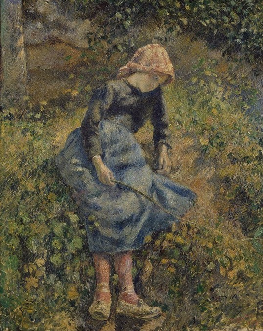 Camille Pissarro, eune Fille a la Baguette (Dorfkind,Kind,Kunst,Landschaft,Mädchen,Volkskunde,Impressionismus,Vision,Portrait,Stock,Schule Von Barbizon,Französische Kunst,Landleben,Kleidung (Allgemein),Verträumt,Kinderleben,Gedanken,Schäferin,Naturverbundenheit,Land Und Leute,Kopftuch)