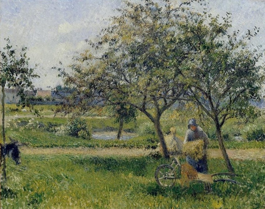 Camille Pissarro, La Brouette, Verger (Kunst,Landschaft,Obstbau,Impressionismus,Wiese,Bäuerin,Schubkarre,Französische Kunst,Obstbaum)