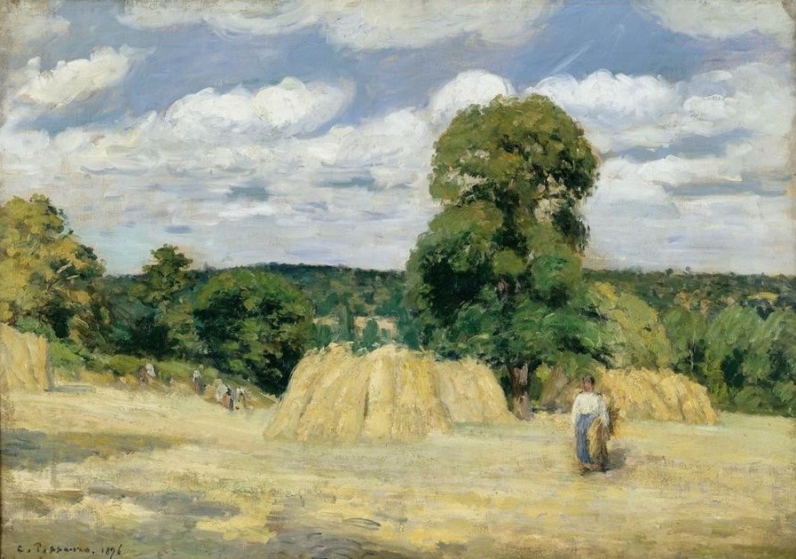 Camille Pissarro, La moisson – La moisson a Montfou– cault, Mayenne (Ernte,Getreideanbau,Kunst,Landschaft,Sommer,Weizen,Impressionismus,Heu,Getreide,Schule Von Barbizon,Französische Kunst,Dreschen,Garbe,Landwirtschaft)