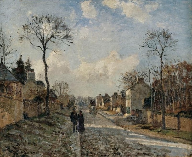 Camille Pissarro, La route de Louveciennes (Architektur,Dorfstrasse,Dorf,Kunst,Landschaft,Strasse (Allgemein),Impressionismus,Baum,Architekturdarstellung,Französische Kunst,Fussgänger)