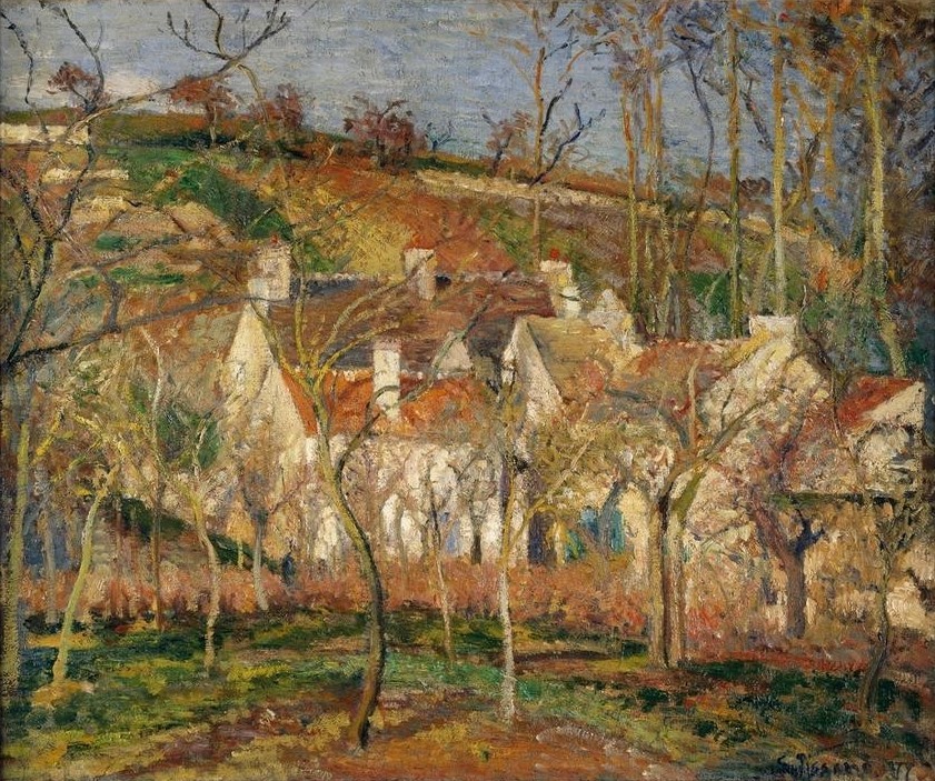 Camille Pissarro, Les toits rouges, coin de village, effet d’hiver (Dach,Dorf,Jahreszeiten,Kunst,Obstbau,Winter,Impressionismus,Schule Von Barbizon,Französische Kunst,Harmonie,Sonnenschein,Balken)