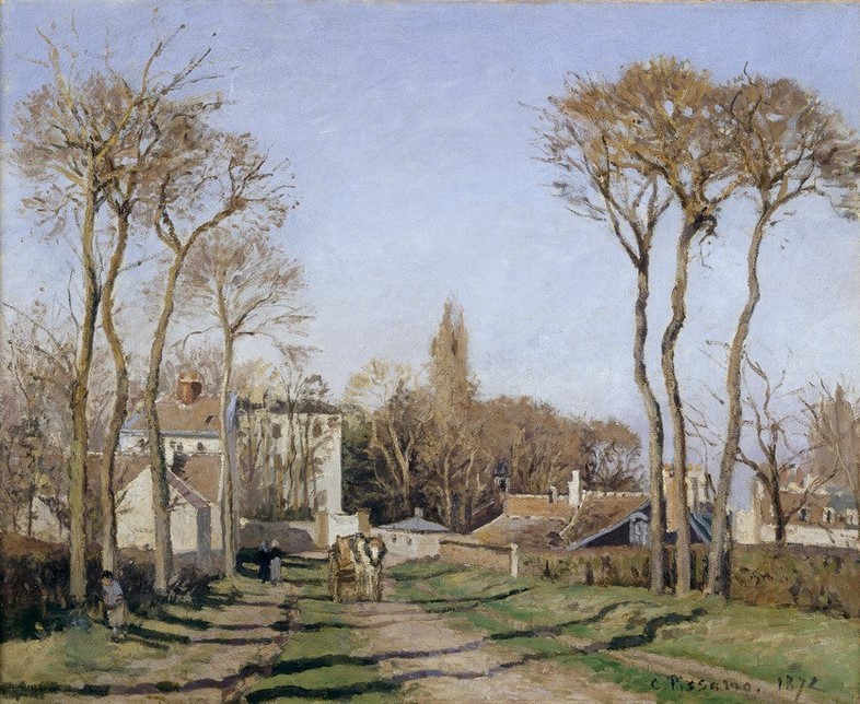 Camille Pissarro, Entrée du village de Voisins (Yvelines) (Dorfstrasse,Dorf,Kutsche,Kunst,Landstrasse,Landschaft,Pferdewagen,Strasse (Allgemein),Impressionismus,Baum,Französische Kunst,Ortseingang)