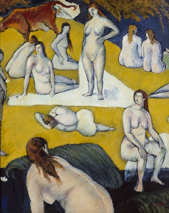 Emile Bernard, Baigneuses à la vache rouge (Frauen, Aktmalerei, Badende, fluss, Sommer, Spaß, rote Kuh, Landleben, Schule von Pont-Aven,  Malerei, Cloisonismus, Klassische Moderne,  Wohnzimmer, Wunschgröße, bunt)