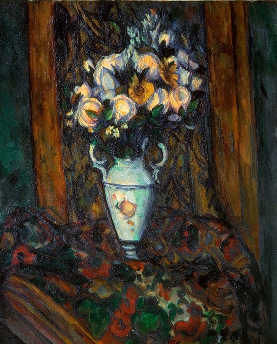 Paul Cézanne, Bouquet de fleurs (Botanik,Impressionismus,Stillleben,Tischtuch,Blumenstrauss,Vase,Französische Kunst,Blume,Jahrhundertwende,Gemustert,Henkelvase)