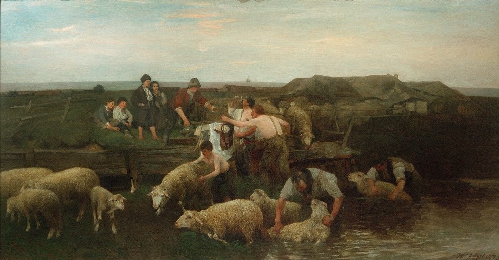 Heinrich von Zügel, Schafwäsche (Arbeit,Bauer (Landwirt),Biologie,Deutsche Kunst,Dorfkind,Gewässer,Kind,Kunst,Landschaft,Mann,Mensch,Schafzucht,Schiff,Segelschiff,Sezession,Wasser,Zoologie,Waschen,Realismus,Schaf,Genre,Tierleben,Knabe,Landleben,Lamm,Zuschauen,Tier,Zuschauer,Landbevölkeru)