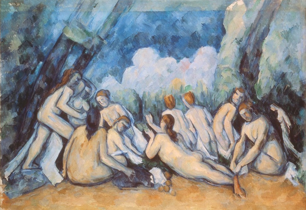 Paul Cézanne, Les grandes baigneuses II (Körperpflege,Bad Im Freien,Bad,Freikörperkultur,Gruppenbild,Landschaft,Impressionismus,Akt,Sonnenbad,Französische Kunst,Frauenbad,Frauenleben,Jahrhundertwende)