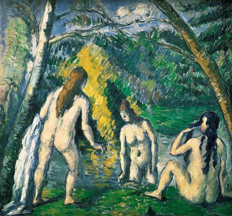 Paul Cézanne, Les trois baigneuses (Körperpflege,Bad Im Freien,Bad,Freikörperkultur,Frau,Gruppenbild,Landschaft,Freizeit,Impressionismus,Akt,Sonnenbad,Trio,Rückenakt,Französische Kunst,Frauenbad,Frauenleben)