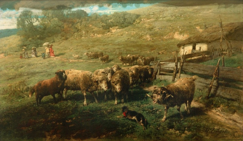 Heinrich von Zügel, Schafe am Gatter (Bauernhaus,Bauernhof,Biologie,Deutsche Kunst,Haus,Kunst,Landschaft,Mensch,Freizeit,Schafzucht,Sezession,Spaziergang,Zoologie,Impressionismus,Hund,Zaun,Realismus,Wiese,Sonnenschirm,Schaf,Hügel,Tierleben,Landleben,Hirtenhund,Tier,Stadt Und Land,Schafherde,H)