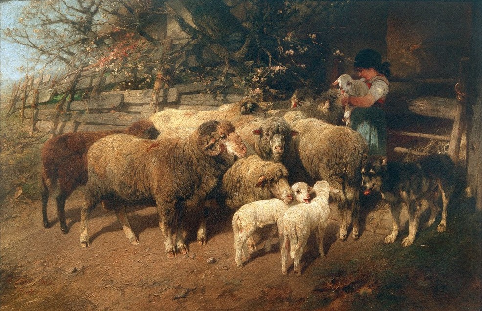 Heinrich von Zügel, Der Liebling (Biologie,Deutsche Kunst,Dorfkind,Kind,Kunst,Mädchen,Mensch,Schafzucht,Sezession,Zoologie,Hund,Zaun,Realismus,Baum,Widder (Tier),Bäuerin,Kind Und Tier,Tierliebe,Schaf,Genre,Tierleben,Landleben,Lamm,Kinderleben,Hirtenhund,Tier,Schafherde,Landbevölkerung,Her)