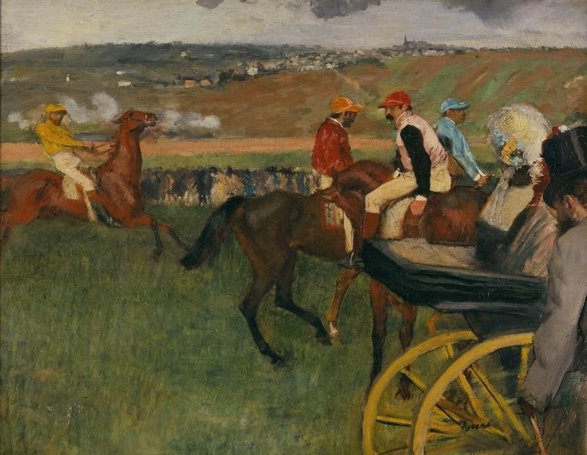 Edgar Degas, Le champ de courses. Jockeys amateurs pres d’une voiture (Amateur,Gesellschaftliches Leben,Gesellschaft,Kutsche,Kunst,Landschaft,Pferdesport,Pferd (Tier),Sport,Impressionismus,Reiter,Jockey,Französische Kunst,Tier,Reiten,Reitpferd,Amateurjockey)