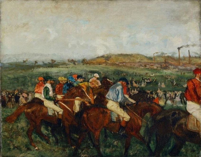 Edgar Degas, Course de gentlemen. Avant le depart (Gesellschaftliches Leben,Gesellschaft,Kunst,Mann,Pferdesport,Pferd (Tier),Rennbahn,Sport,Impressionismus,Reiter,Französische Kunst,Pferderennen,Tier,Reiten,Reitpferd)