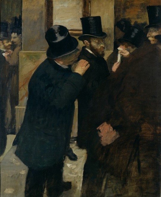Edgar Degas, Portraits a la Bourse (Börse,Finanzmann,Finanzwesen,Gesellschaftliches Leben,Handel,Herrenmode,Kopfbedeckung,Kunst,Mann,Zylinder (Hut),Impressionismus,Hut,Portrait,Französische Kunst,Kapitalismus,Kleidung (Allgemein),Börsenmakler,Mütze,Gewerbe)