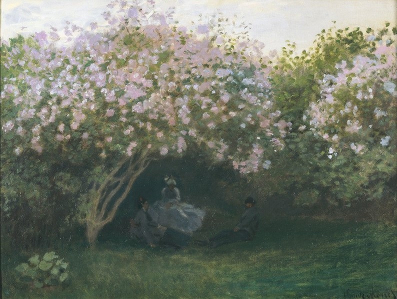 Claude Monet, Lilas, temps gris (Baumblüte,Botanik,Kunst,Landschaft,Impressionismus,Flieder,Französische Kunst,Menschen Im Garten,Strauch,Ausruhen,Schlechtes Wetter,Garten)