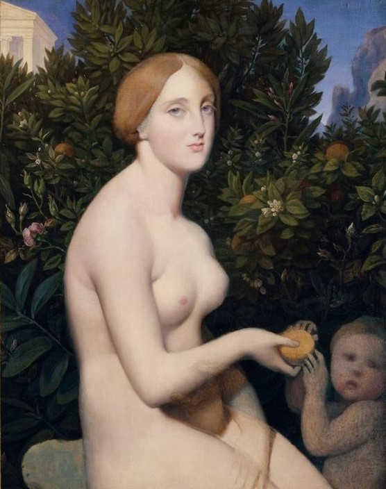 JEAN-AUGUSTE-DOMINIQUE INGRES, Venus à Paphos (Frau,Mädchen,Mythologie,Rose,Lorbeer,Schönheit,Klassizismus,Akt,Portrait,Französische Kunst,Göttin,Kopf,Griechisch-Römische Mythologie)