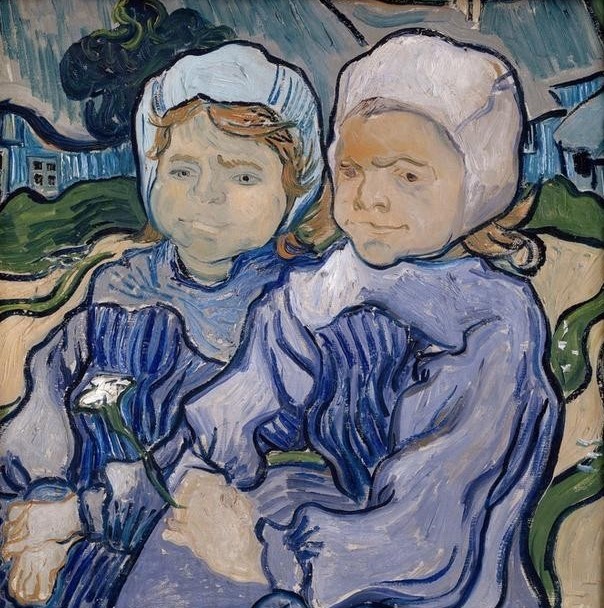 Vincent van Gogh, Zwei Kinder (Geschwister,Kind,Kopfbedeckung,Mode,Volkskunde,Impressionismus,Hut,Schwester,Portrait,Niederländische Kunst,Lächeln,Kleidung (Allgemein),Kinderbildnis,Doppelportrait,Gute Laune,Land Und Leute,Mütze)