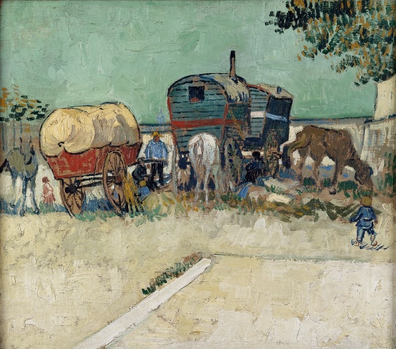 Vincent van Gogh, Zigeunerlager mit Pferdewagen (Feldlager,Kutsche,Landschaft,Pferd (Tier),Pferdewagen,Transport,Völkerkunde,Impressionismus,Wohnwagen,Niederländische Kunst,Tier,Sinti Und Roma,Land Und Leute)