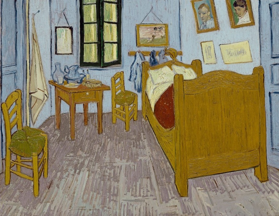 Vincent van Gogh, Van Goghs Schlafzimmer in Arles (Asyl,Bett,Fenster,Krankheit,Medizin,Möbel,Schlafzimmer,Impressionismus,Tisch,Waschgeschirr,Wahnsinn,Interieur,Künstlerhaus (Wohnhaus),Niederländische Kunst,Geisteskrankheit,Handtuch,Ordnung,Stuhl,Bescheidenheit,Gewerbe,Waschtisch)