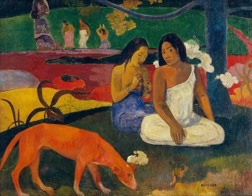 Paul Gauguin, Arearea (Joyeusetés) (Bad,Frau,Landschaft,Schwimmen,Sport,Strand,Völkerkunde,Wasser,Naturreligion,Meer,Naturvölker,Hund,Baum,Französische Kunst,Haustier,Leben,Exotik,Frau Und Tier,Frauenleben,Tier,Tropen,Ureinwohnerin,Synthetismus,Land Und Leute,Kultbild,Vier Elemente)