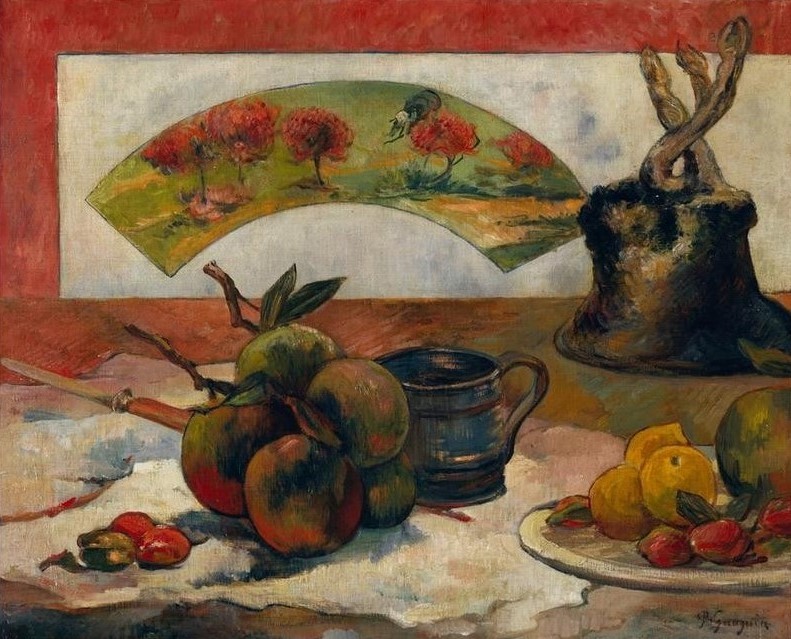 Paul Gauguin, Nature morte à l’éventail (Stillleben, Obst, Obstteller, Becher, Wunschgröße, Klassische Moderne, Impressionismus, Malerei, Wohnzimmer, Esszimmer, bunt)