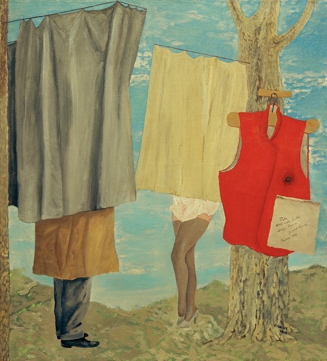 Jindrich Styrsky, Majakovskys Weste (Tschechische Kunst,Frau,Kunst,Mantel,Mann,Mensch,Strumpf,Unterwäsche (Damen),Surrealismus,Weste,Vorhang,Paar,Damenstrumpf,Verhüllung (Abdeckung),Surrealistengruppe In Der Csr,Devetsil,Manes)
