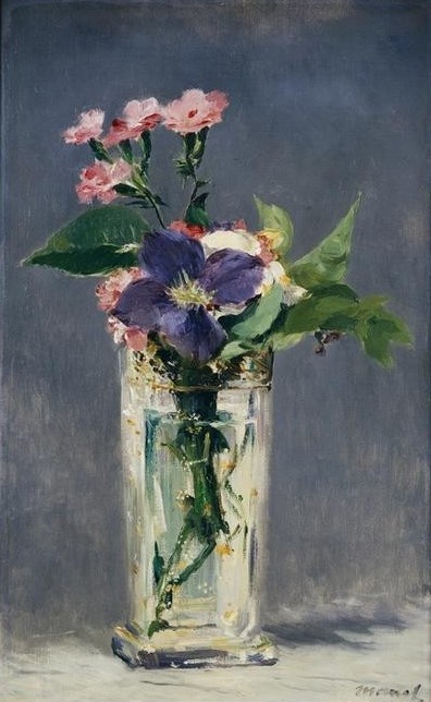 Edouard Manet, Oeillets et clematite dans un vase de cristal (Botanik,Kunst,Stillleben,Blumenstrauss,Vase,Nelke,Französische Kunst,Gefäss,Blume,Blumentopf,Kuckucksnelke,Clematis)