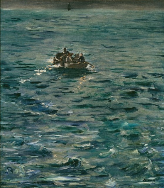 Edouard Manet, Die Flucht des Henri Rochefort (Ausbruch,Boot,Geschichte,Journalist,Kritiker,Kunst,Landschaft,Mann,Mensch,Politiker,Publizist,Ruderboot,Schiffstypen,Szene,Tageszeiten,Nacht,Meer,Flucht,Exil,Französische Kunst,Strafkolonie,Schifffahrt)
