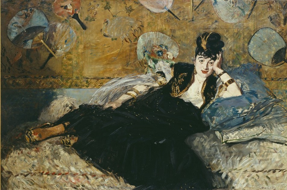 Edouard Manet, La dame aux eventails (Fächer,Frau,Mensch,Orientalismus,Portrait,Französische Kunst,Laszivität,Nonchalance,Japanmode,Hündchen,Liegen,Kopf Stützen,Divan)