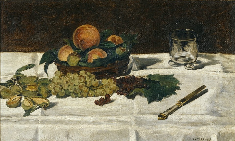 Edouard Manet, Nature morte: fruits sur une table (Früchte,Kunst,Obst,Nahrungsmittel,Stillleben,Messer,Pfirsich,Französische Kunst,Weinglas,Weintraube,Gedeckter Tisch)