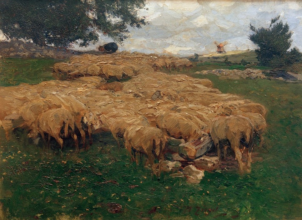 Heinrich von Zügel, Schafherde auf der rauen Alb (Biologie,Deutsche Kunst,Kunst,Landschaft,Mühle,Rast,Salz,Schafzucht,Sezession,Weide,Windmühle,Zoologie,Nahrungsmittel,Wiese,Schaf,Fütterung,Alm,Hügel,Tierleben,Tier,Schafherde,Herde,Jahrhundertwende,Vieh,Berg,Münchner Sezession,Lecken,Nutztier,Landwirtsch)