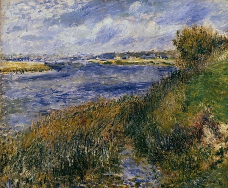 Pierre-Auguste Renoir, La Seine à Champrosay (Kunst,Landschaft,Maler (Künstler),Wasser,Wasserpflanze,Impressionismus,Fluss,Französische Kunst,Ufer,Vier Elemente)