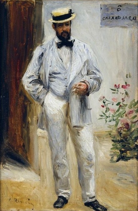 Pierre-Auguste Renoir, Charles Le Coeur (Herrenmode,Maler (Künstler),Mann,Mensch,Mode,Tabak,Zigarette,Impressionismus,Hut,Rauchen,Portrait,Anzug,Strohhut,Französische Kunst,Rauch,Kleidung (Allgemein),Raucher,Mütze)