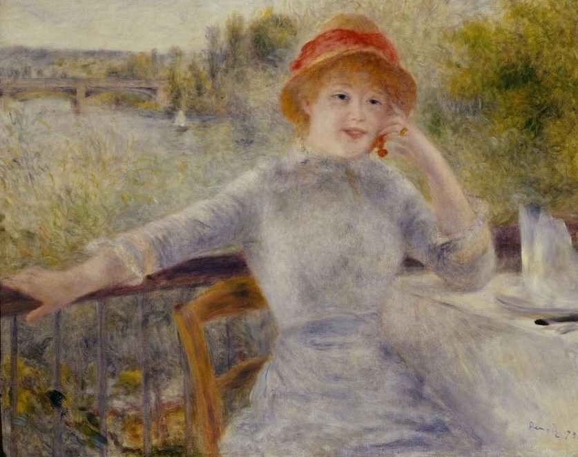 Pierre-Auguste Renoir, Alphonsine Fournaise (Ausflug,Frau,Gartenwirtschaft,Gastronomie,Landschaft,Maler (Künstler),Freizeit,Urlaub,Impressionismus,Fluss,Portrait,Französische Kunst,Sonnenhut,Junge Frau)