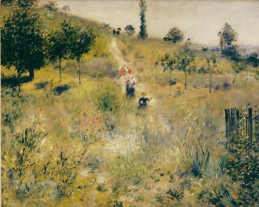 Pierre-Auguste Renoir, Chemin montant dans les hautes herbes (Ausflug,Landschaft,Maler (Künstler),Freizeit,Sommer,Spaziergang,Urlaub,Impressionismus,Baum,Wiese,Feldweg,Französische Kunst)