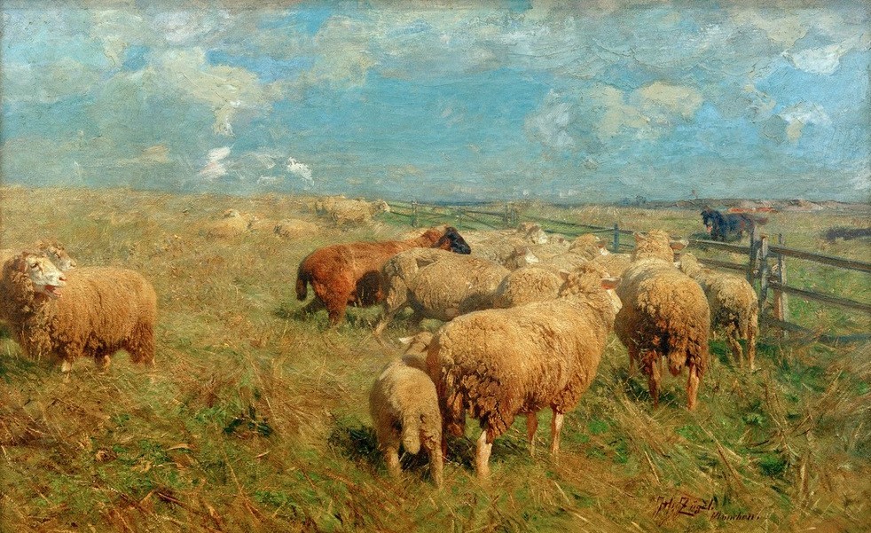 Heinrich von Zügel, In Erwartung (Biologie,Deutsche Kunst,Himmel (Natur),Kunst,Landschaft,Meteorologie,Pferd (Tier),Schafzucht,Sezession,Weide,Wetter,Wolke,Zoologie,Impressionismus,Zaun,Schaf,Tierleben,Warten,Lamm,Tier,Schafherde,Herde,Jungtier,Vieh,Münchner Sezession,Gatter,Nutztier,Land)