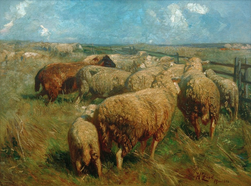 Heinrich von Zügel, Schafherde im Hochsommer (Biologie,Deutsche Kunst,Himmel (Natur),Jahreszeiten,Kunst,Landschaft,Meteorologie,Schafzucht,Sezession,Sommer,Weide,Wetter,Wolke,Zoologie,Impressionismus,Zaun,Schaf,Tierleben,Warten,Lamm,Tier,Schafherde,Herde,Jungtier,Jahrhundertwende,Vieh,Münchner Sezess)